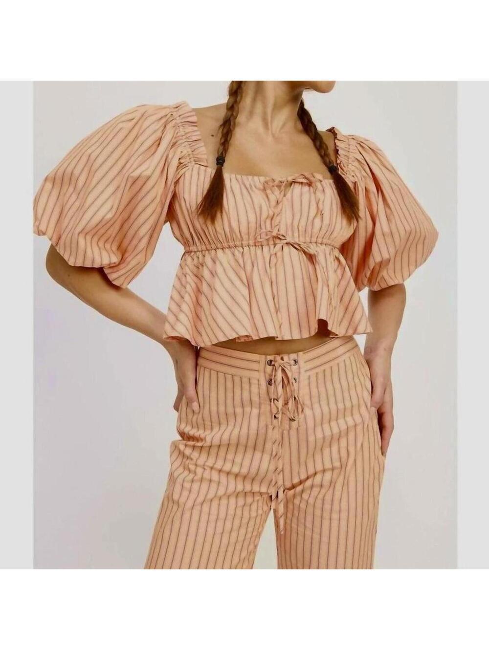 Anthropologie Jacquie The Label orange striped puff sleeve milkmaid top NWT